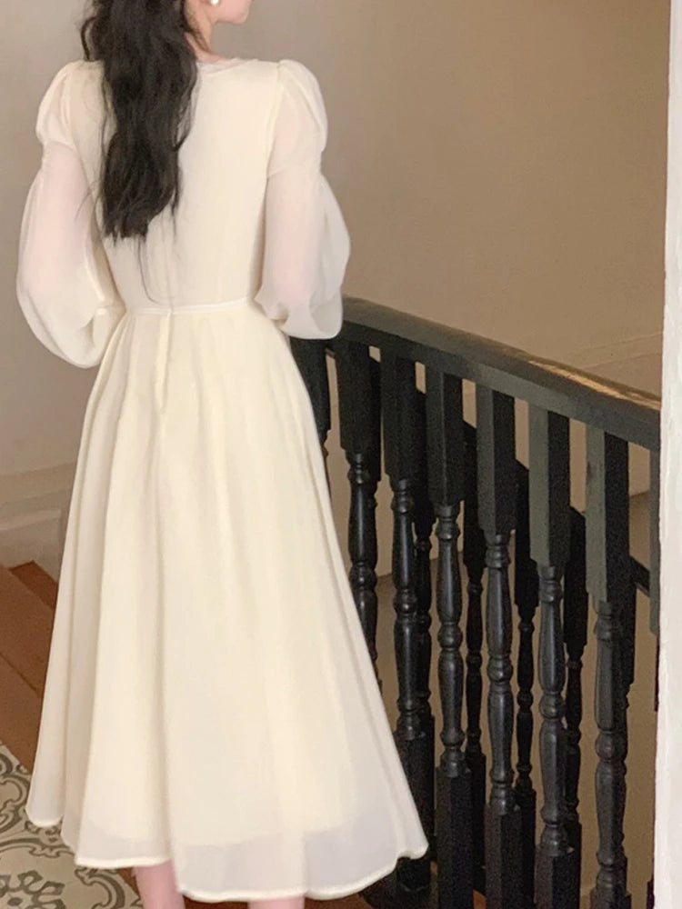 Parisian Princess French Elegant Lace Midi Dress | Slim Fit Empire Waist A-Line Winter Fairy Gown | Parisian Princess