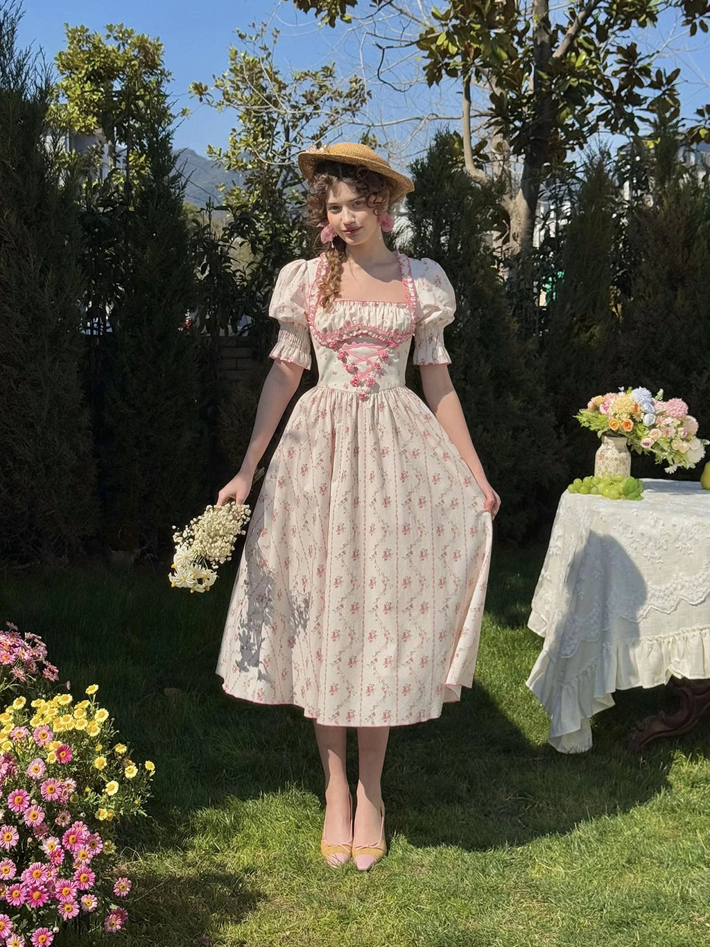 The Giverny Floral Cotton Gown | Square Neck Puff Sleeve Midi | French Countryside Prairie Dress | Parisian Princess