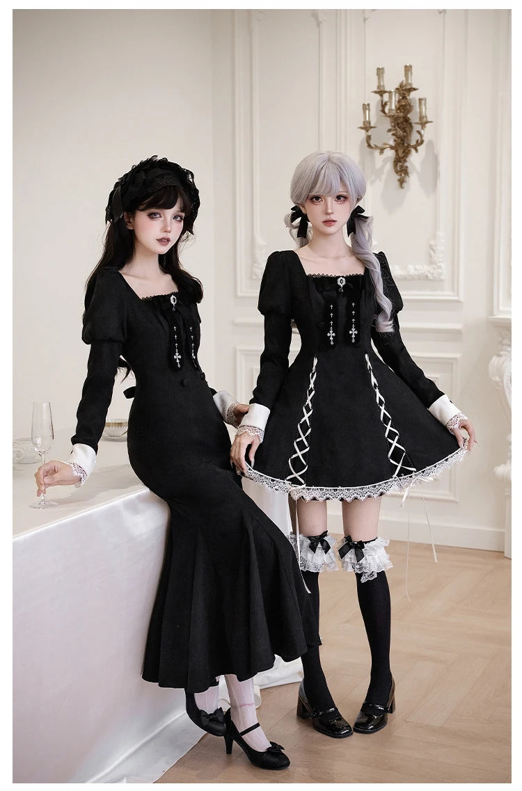 Original French Elegant Court Black Long Mermaid Dresses Op Autumn New Women's Slim Fit Lolita Long Sleeve Dress Gothic Dresses