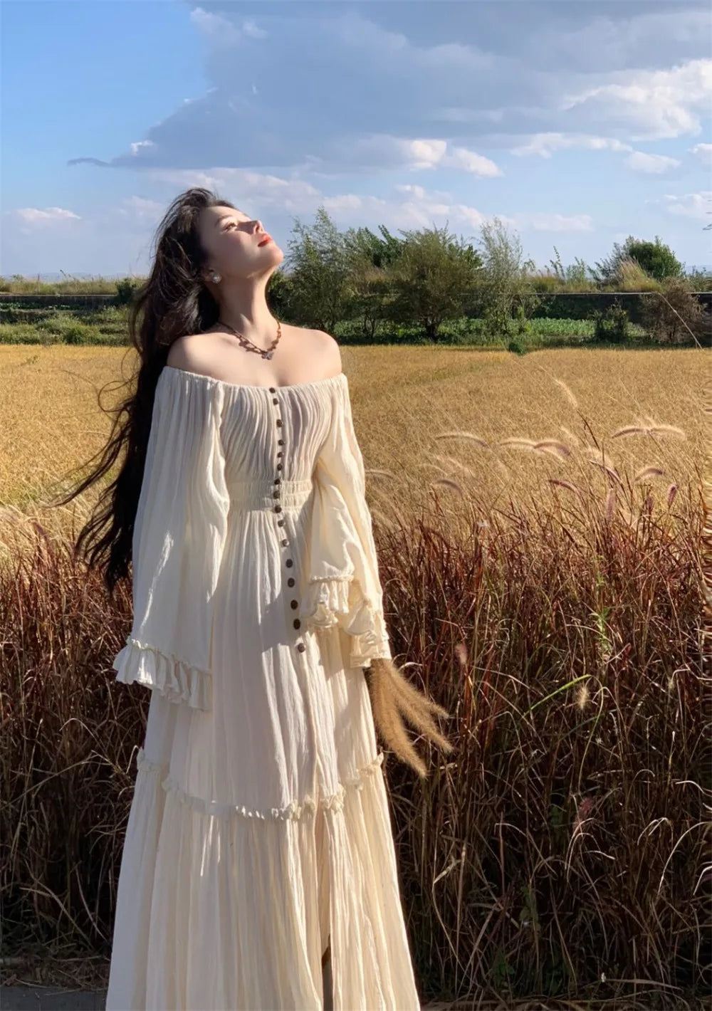 The Coalfell Vacation Gown | French Cotton-Linen Apricot Midi | Batwing Sleeve Lace Temperament Dress | Parisian Princess