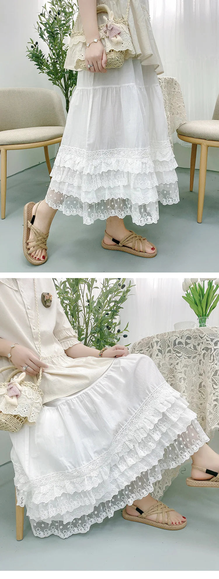 The Madeleine Lace Ruffle Skirt | Vintage French Cotton Linen Cake Skirt | High-Waist Lolita A-Line Petticoat | Parisian Princess
