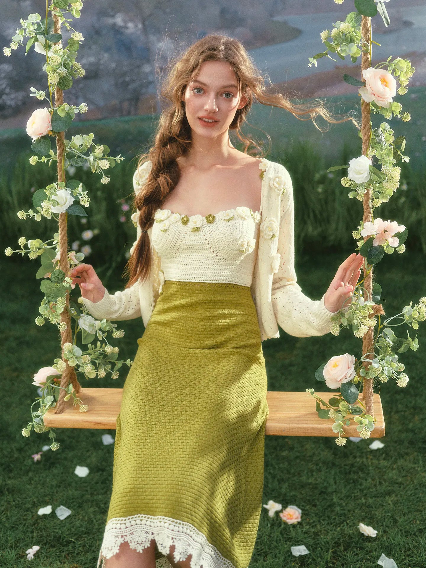 The Garden Princess Crochet Set | Wool Knitted Cardigan & Midi Dress | Handmade Floral Hollow-Out Two-Piece | Parisian Princess