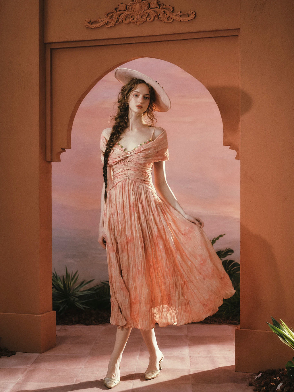 The Caprician Sunset Oil Painting Gown | Coral Shimmer Fairy Skirt | 3/4 Sleeve A-Line Dress | Parisian Princess