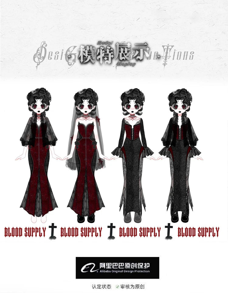 Gothica Original Design Vampire Black Red Dress Lace Patch Gothic Velvet Trumpet Sleeveless Sexy X-Long Dress Halloween