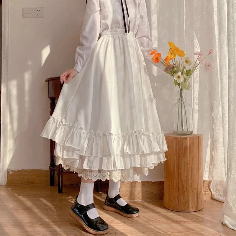 Fashion Sweet Midi Skirt Women Lace Patchwork Bow Preppy Fall Loose Casual Skirts Japanses Ruffle High Waist Solid Chic Skirt