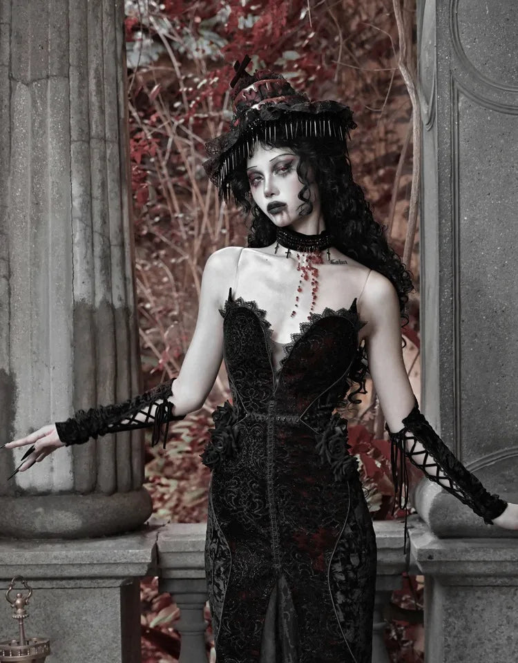 Gothica Original Design Vampire Black Red Dress Lace Patch Gothic Velvet Trumpet Sleeveless Sexy X-Long Dress Halloween