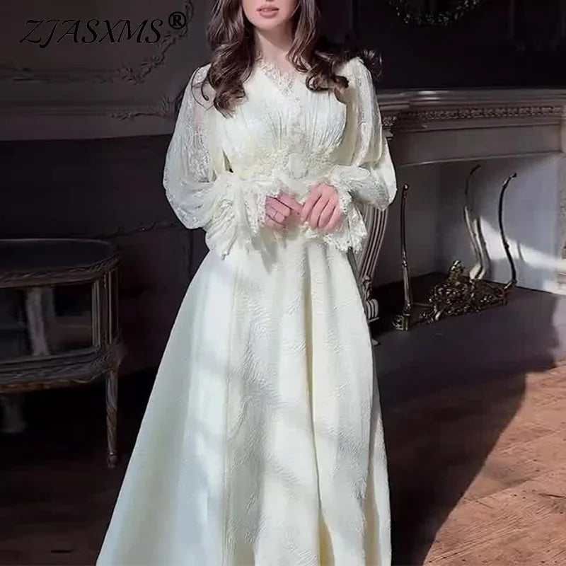 French Sexy Lace Embroidered Jacquard Dress Woman V Neck High Waist Crochet Evening Dresses Autumn Puff Sleeve Tie-up Maxi Dress
