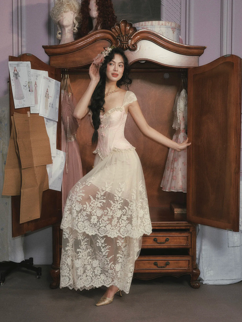 The Rosebud Versailles Lace Set | Pink Bustier & Shimmer Beige Maxi Skirt | Embroidered Two-Piece Gown | Parisian Princess
