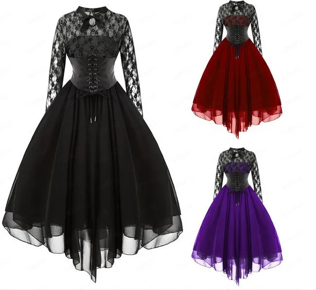 The Gothica Midnight Cathedral Gown | French Lace-Up Corset Maxi | Vintage Punk High Waist Ball Gown | Parisian Princess