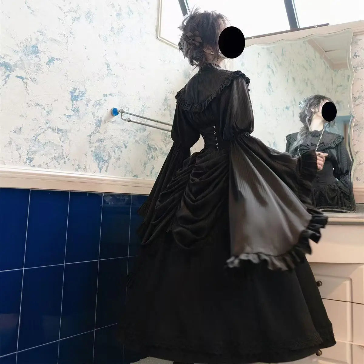 Niche Gothic Style Lolita Skirt Dark Black Wave Flower Edge Women Banquet Gown Vintage Halloween Carnival Event Cosplay Costume