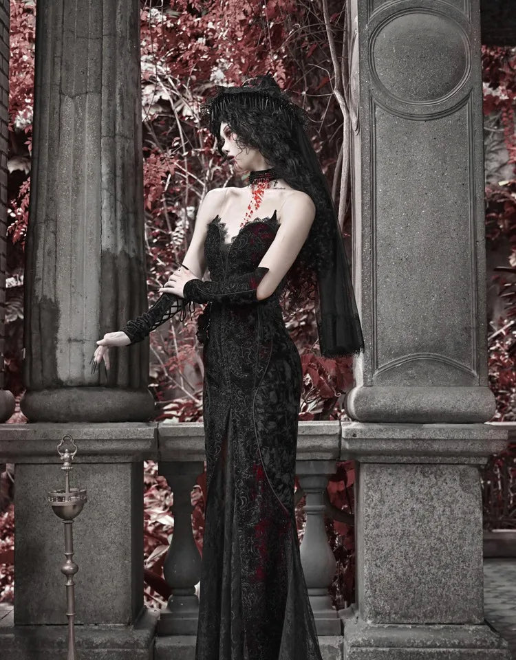 Gothica Original Design Vampire Black Red Dress Lace Patch Gothic Velvet Trumpet Sleeveless Sexy X-Long Dress Halloween