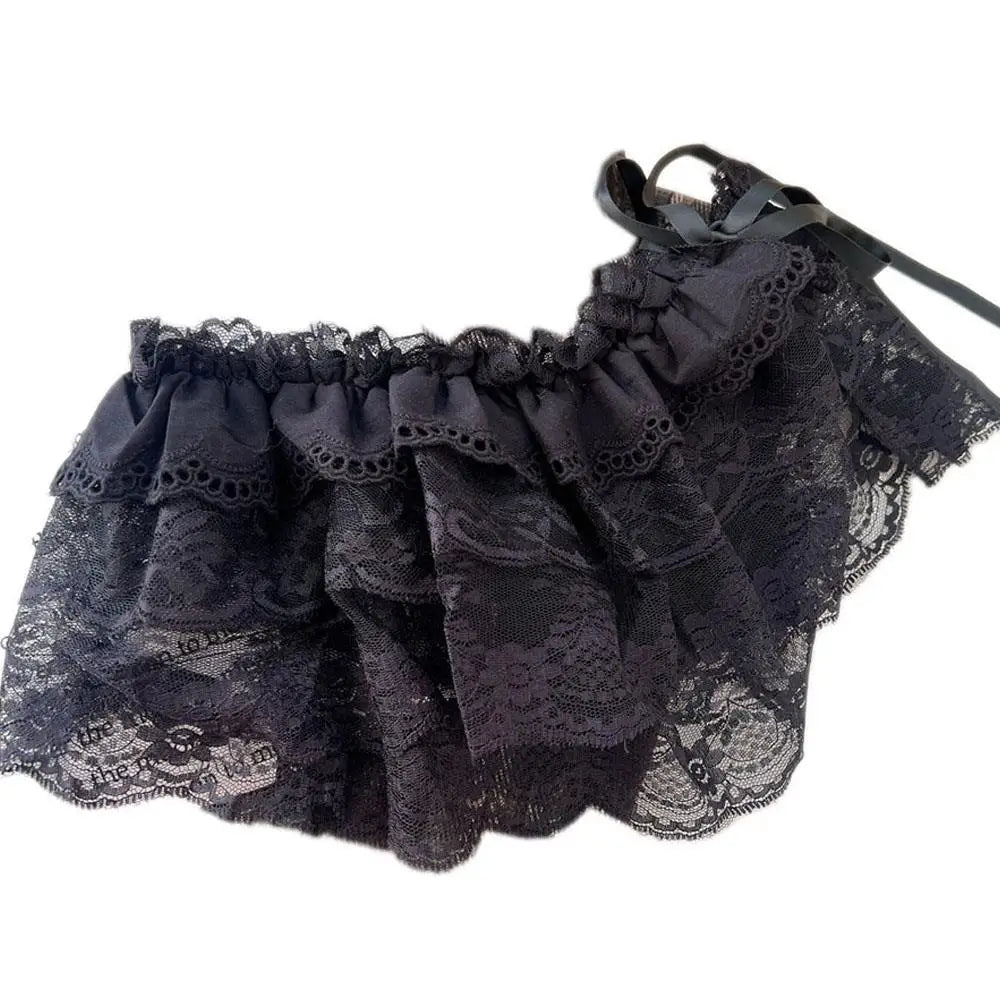 Lace Mini Skirts Women Elegant Sweet Lolita Short Skirts High Waist Ruffle Skirts Lace Trim Butt Curtain Skirt