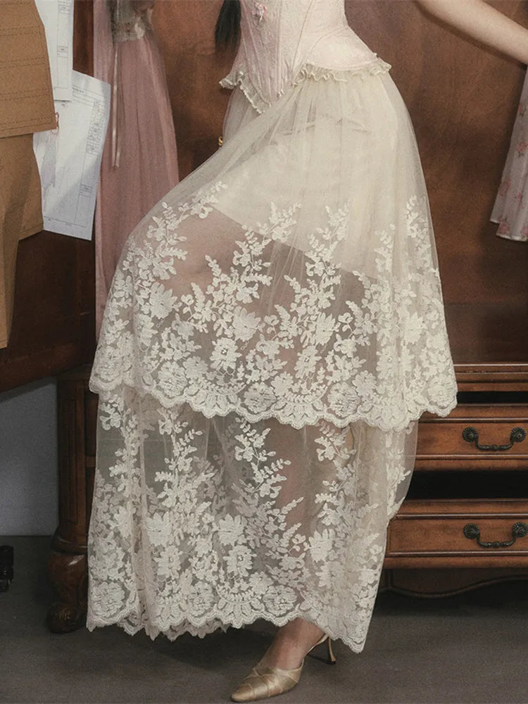 The Rosebud Versailles Lace Set | Pink Bustier & Shimmer Beige Maxi Skirt | Embroidered Two-Piece Gown | Parisian Princess