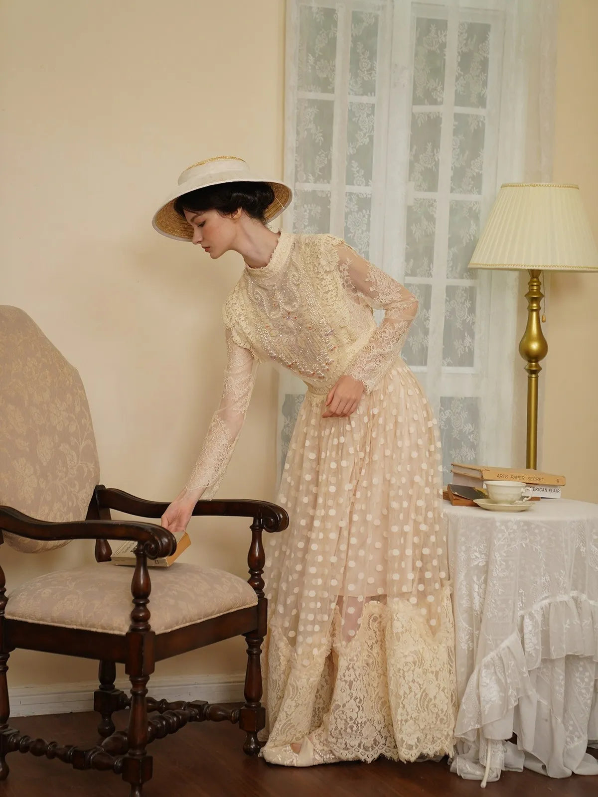 The Tuileries Celestial Gown | Sequined Beaded Lace Maxi Dress | French Vintage High Waist Gown | Parisian Princess