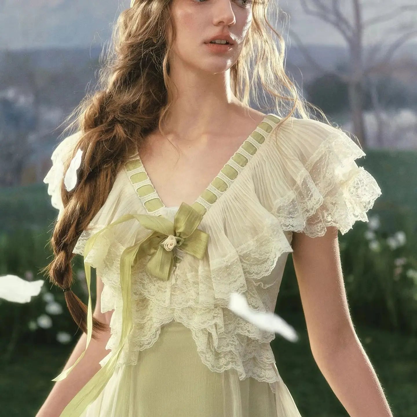 The Luxembourg Garden Gown | French Spring V-Neck Maxi | Vintage Flying Sleeve Lace Patchwork Dress | Parisian Princess