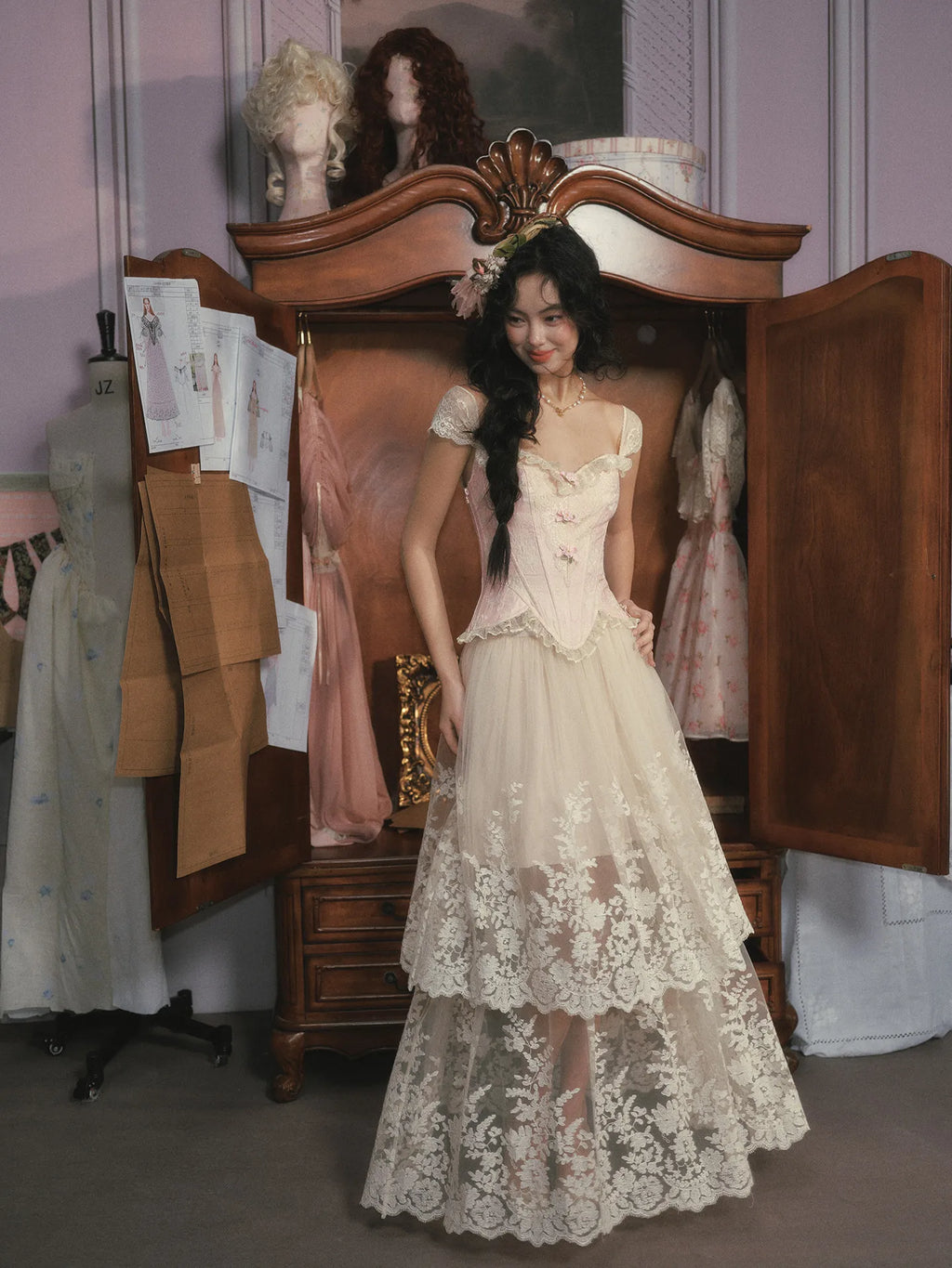 The Rosebud Versailles Lace Set | Pink Bustier & Shimmer Beige Maxi Skirt | Embroidered Two-Piece Gown | Parisian Princess