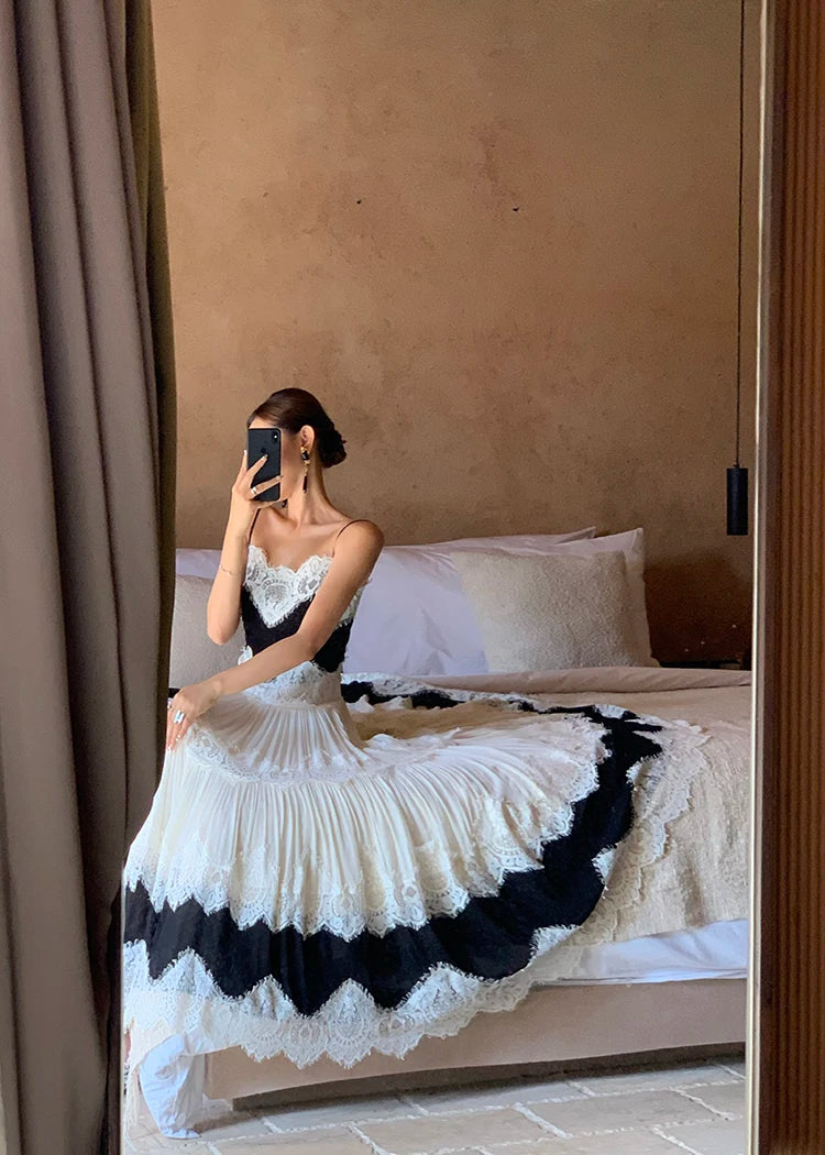 The Midnight Shore Gown | Gothica Summer Holiday Suspenders Dress | Backless Lace Patchwork Vacation Sling | Parisian Princess