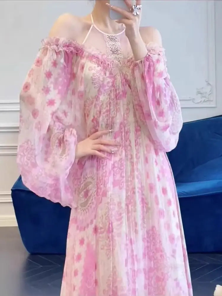 The Vichy Heiress Floral Midi | Mesh Splicing V-Neck Dress | French Fairy Vacation Gown | Parisian Princess