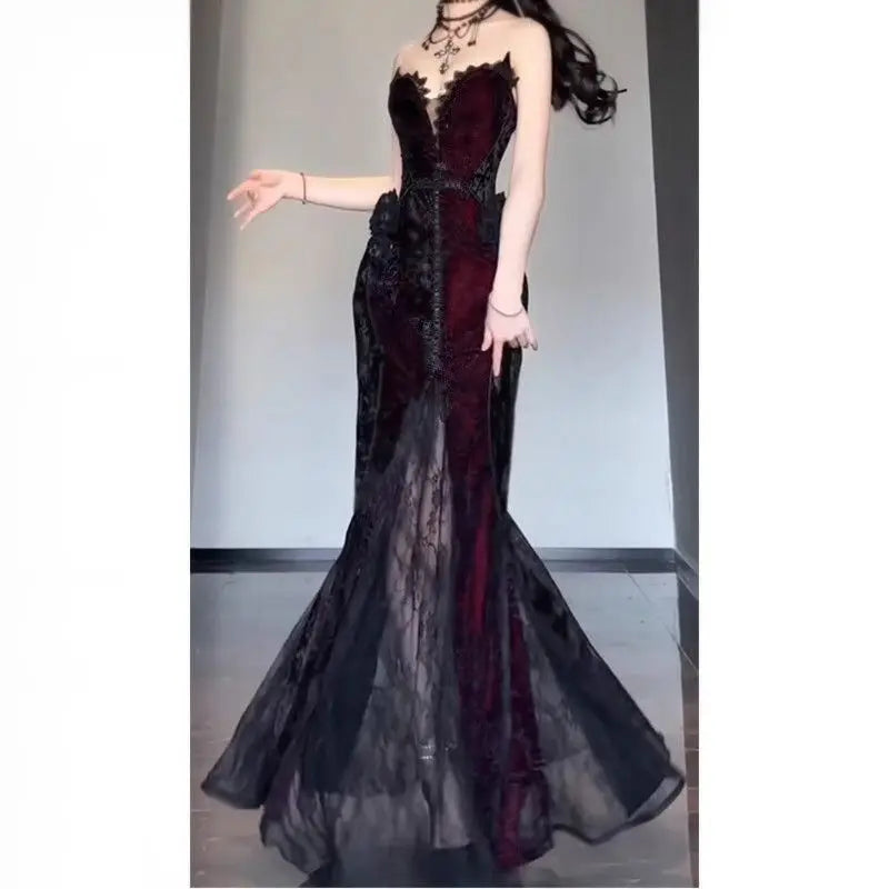 The Vivienne Noir Manteau | Gothic Grunge Lace Mini | Dark Academia Slash Neck Party Dress | French Festival Prom Gown