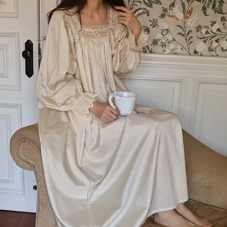 Parisian classical retro nightgown fairy princess style sweet lace square neck nightgown for girls long style women 100% cotton