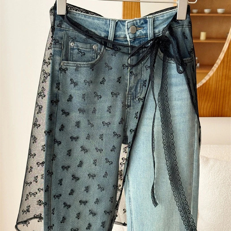 Lace-up Lace Side Half-body Skirt Short Sash Curtain Apron Girls Sweet Jeans Casual Pants Accessories Skirt