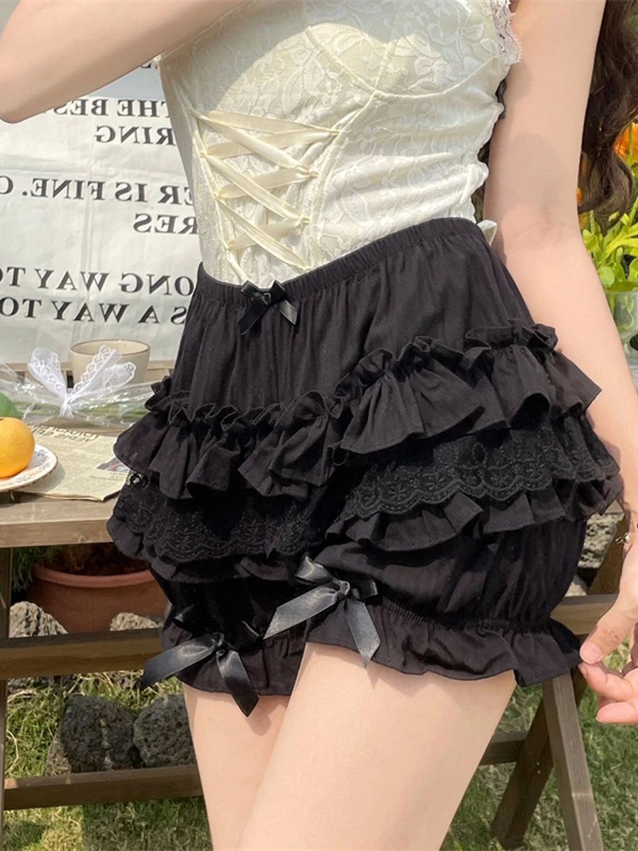 Women s Fashion Bloomers Shorts Lace Layered Ruffle Bowknot Elastic Waist Short Pants Summer Casual Shorts