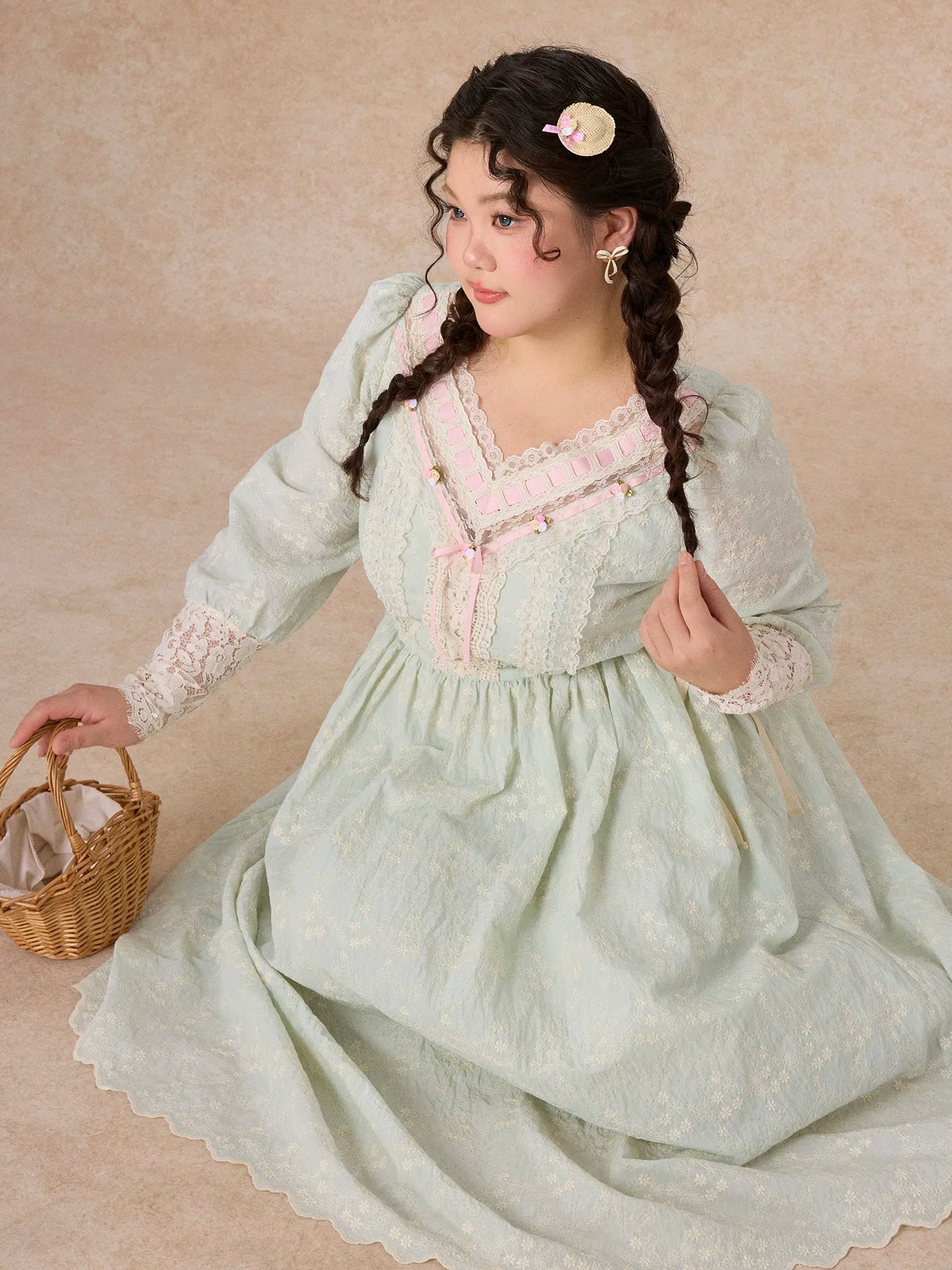 The Emerald Sovereign Gown | Plus Size French Lace-Up Maxi | Vintage Lantern Sleeve Embroidery Gown | Parisian Princess