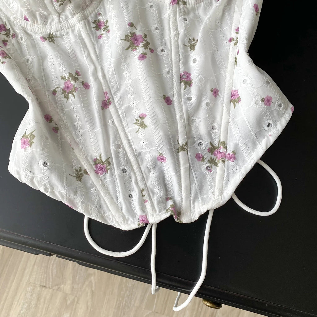 The Trianon Embroidered Corset | French Sweet Floral Lingerie Top | Hollow Out Backless Bandage Camisole | Parisian Princess