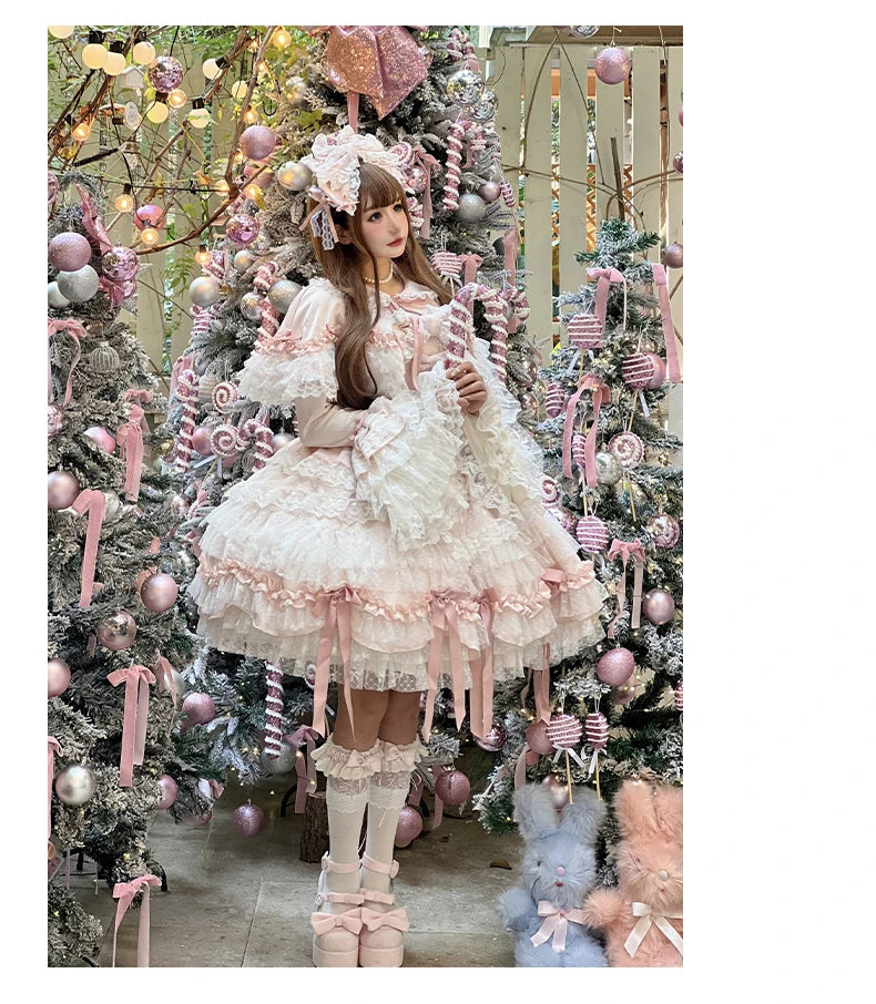 Pink Lolita Princess Dress Women's Bow Lace Heavy Industry Sweet Elegant Birthday Party Evening Dress Lady Suspender Dress Cloak