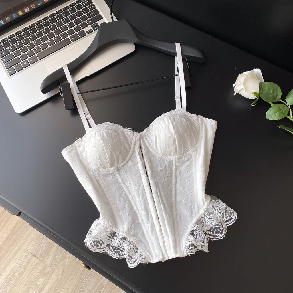 The Trianon Embroidered Corset | French Sweet Floral Lingerie Top | Hollow Out Backless Bandage Camisole | Parisian Princess