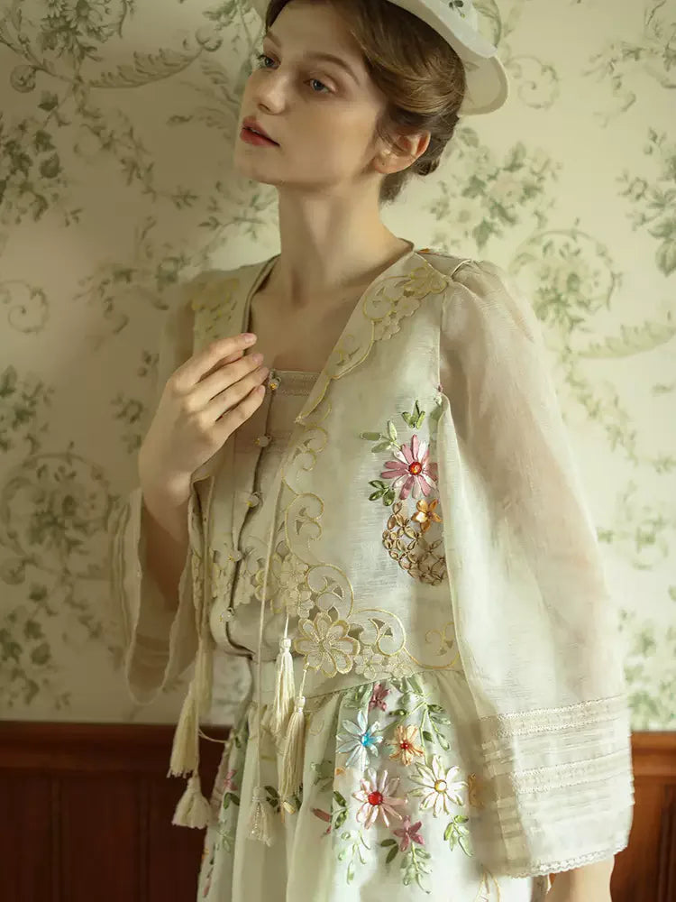 The Trianon Embroidered Vest | French Cotton Floral Waistcoat | Vintage Botanical Tassel Gilet | Parisian Princess