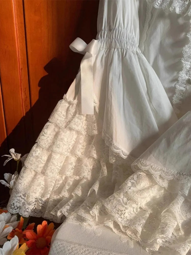 French Parisian Cute Lolita Flare Sleeve Shirt Parisian Aesthetic Lace Patchwork Blouse Tops Women JK Sweet Loose Blusas