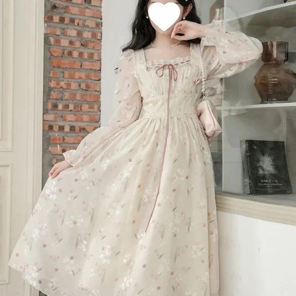 Autumn Winter Women's Long Sleeve Square Collar Chiffon Floral Print Slimming Dress Midi Length Empire Waistline Fashionable