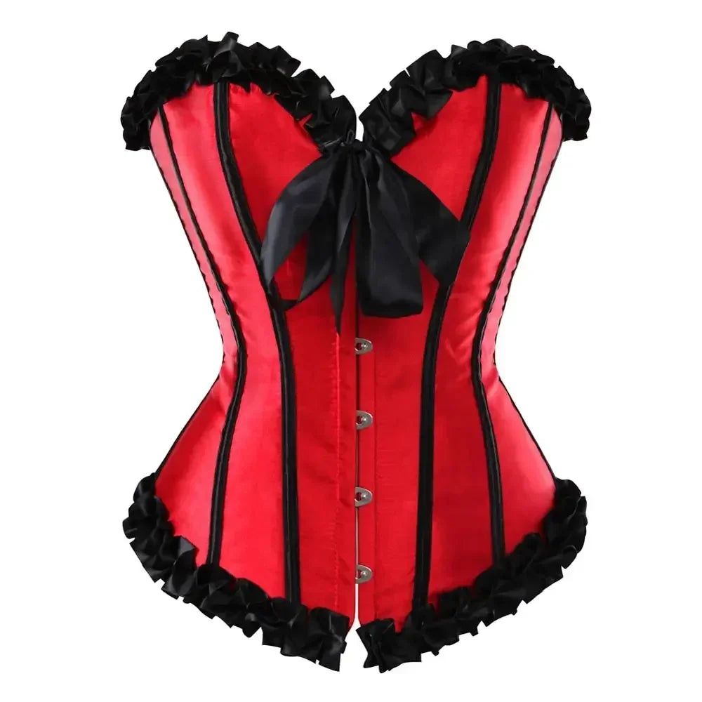 Corsets for Women Top Gothic Pleated Trim Corsage Steampunk Vintage Sexy Overbust Bustier Burlesque Carnival Party Clubwear