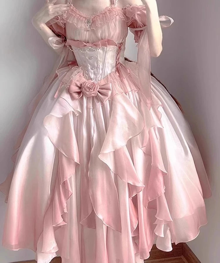 The Versailles Fairy Pink Bow Gown | Off-Shoulder Lolita Wedding Dress | Empire Waist Fairy Princess Maxi | Parisian Princess