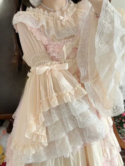French Lolita Flare Sleeve Sweet Bow Shirt Parisian Aesthetic Slash Neck Lace Patchwork Blouse Women Loose Grunge Ruffled Blusas