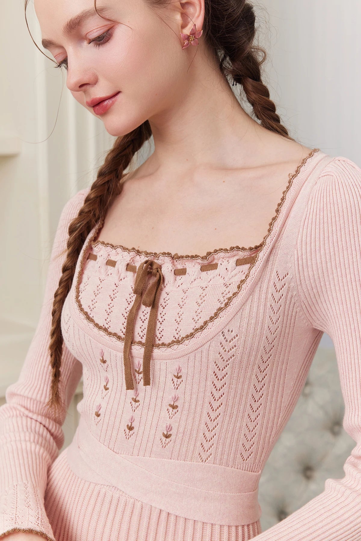 76-88cmBust FallWinter Long Pleated Dress Women Vintage ElegantSlim Embroidery Square Neck Flare Sleeve 100%Cotton Knitted Dress