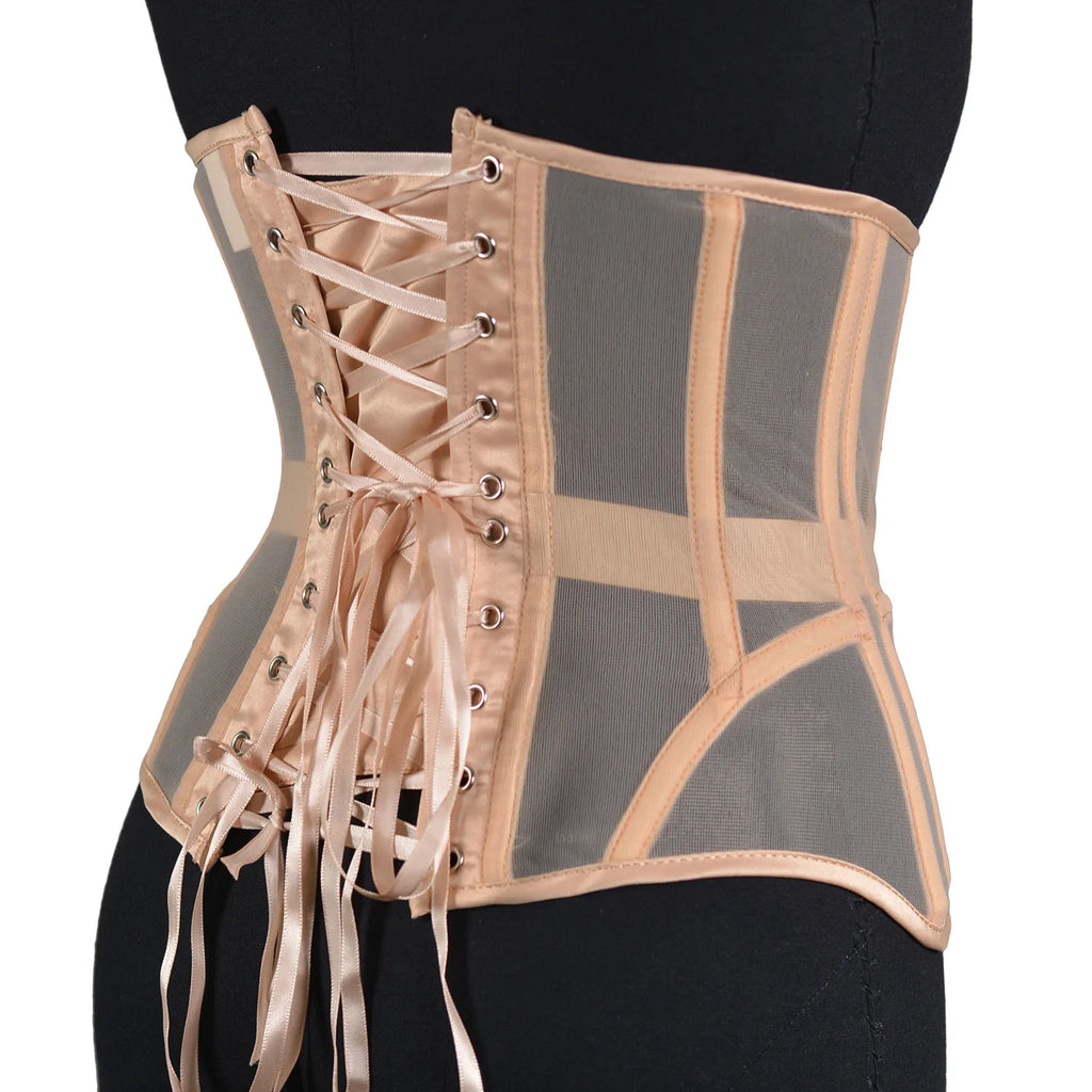 Women Abdomen Tight Corset Crops Under Bust Bustiers Breathable Mesh Waist Girdle With Bones Slimming Lace Up Bodices