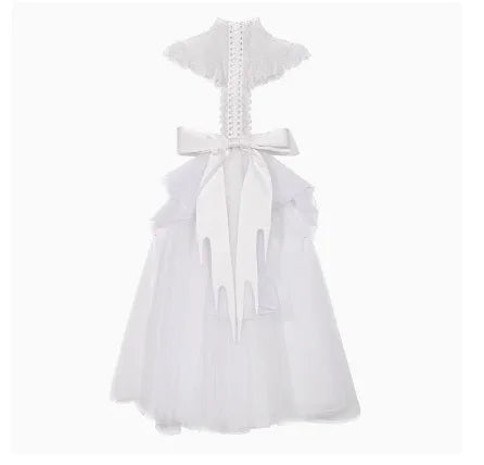 The Gothica White Gothic Dress | Zombie Bride Spine Lace Gown | Chiffon Tailed Party Dress with Cape | Parisian Princess