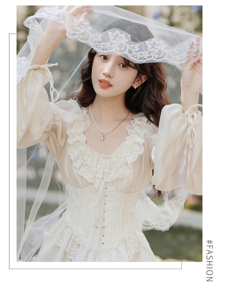 The Ethereal Princess Tatting Gown | Fairycore Lace Midi | French Square Neck Princess Sleeve Vestido | Parisian Princess