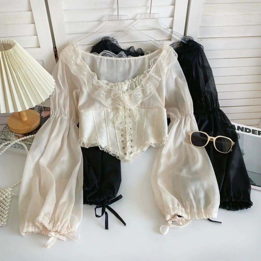 The Vivienne Lace Manteau | Parisian Ruffled Chiffon Blouse | French Mesh Patchwork Top | Lantern Sleeve Coquette Shirt