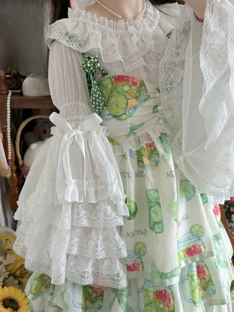 French Lolita Flare Sleeve Sweet Bow Shirt Parisian Aesthetic Slash Neck Lace Patchwork Blouse Women Loose Grunge Ruffled Blusas