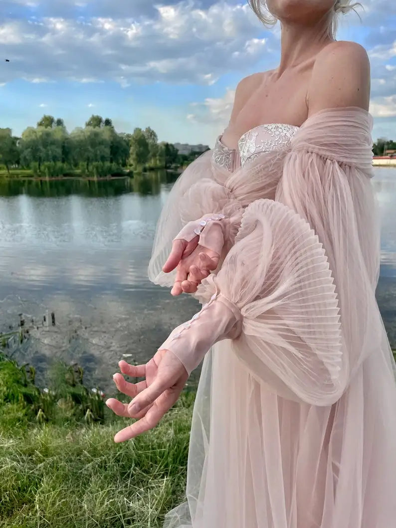 The Pink Petal Promenade Gown | Off-The-Shoulder Puff Sleeve Prom Dress | Lace-Up Satin Tea-Length Gown | Parisian Princess