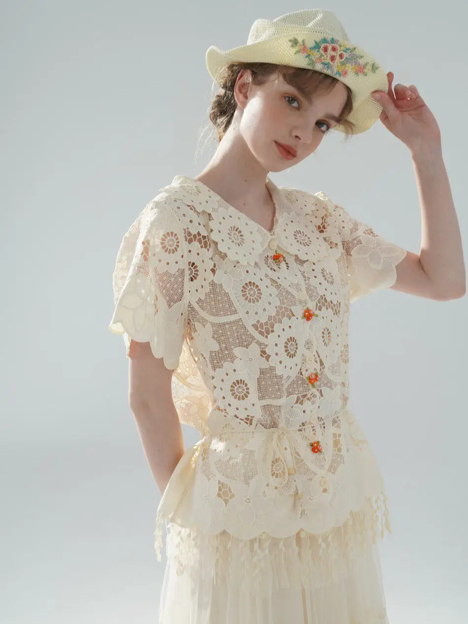 The Palais Cutwork Blouse | Summer Lace Shirt | Handmade 3D Floral All-Over Embroidered Turn-Down Collar Blouse | Parisian Princess