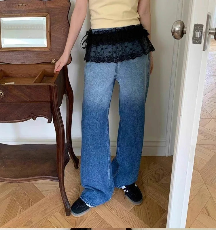 Lace-up Lace Side Half-body Skirt Short Sash Curtain Apron Girls Sweet Jeans Casual Pants Accessories Skirt