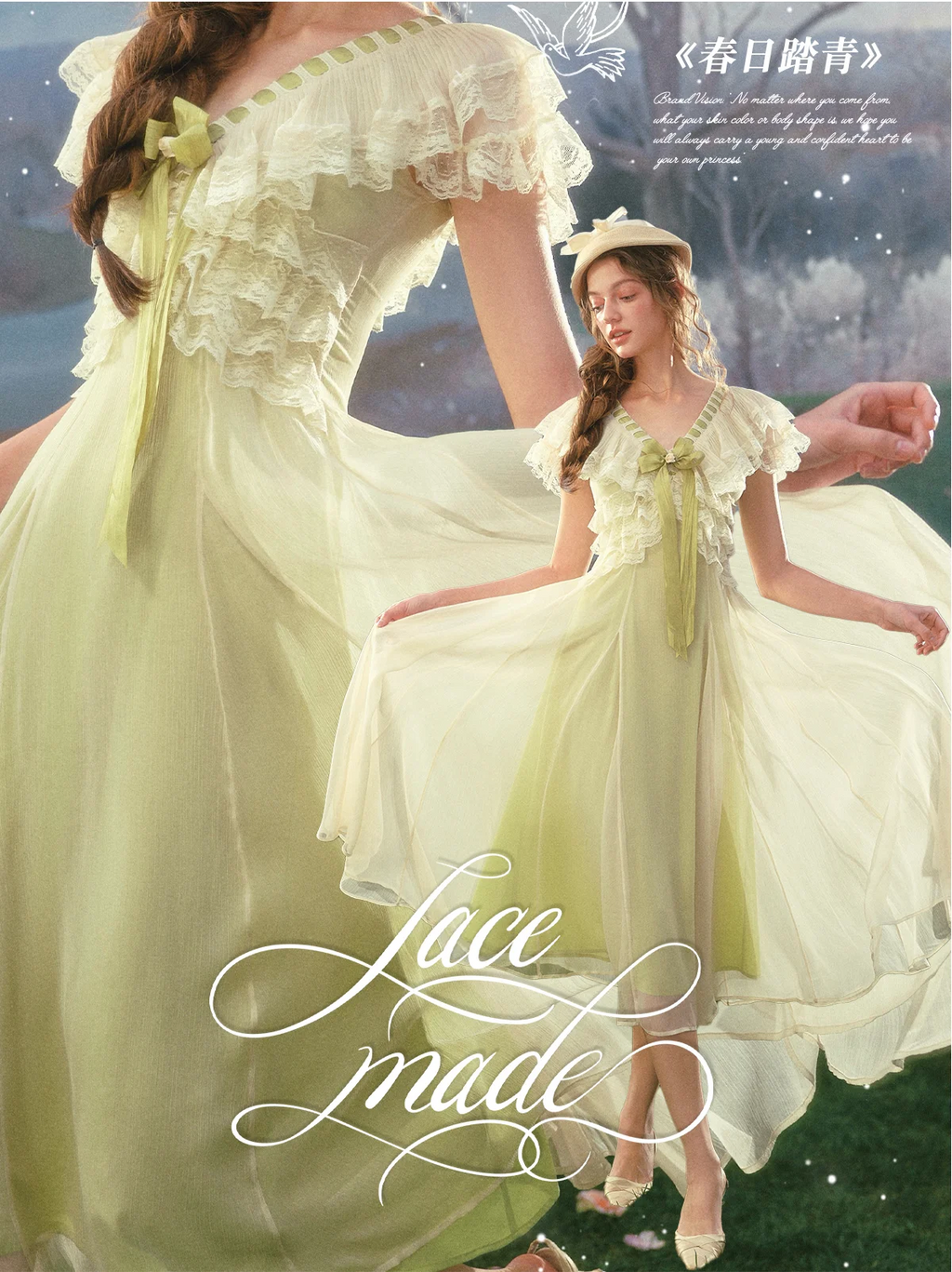 The Spring Meadow Butterfly Lace Gown | French Pastoral V-Neck Midi | Empire Waist Princess Dress | Parisian Princess