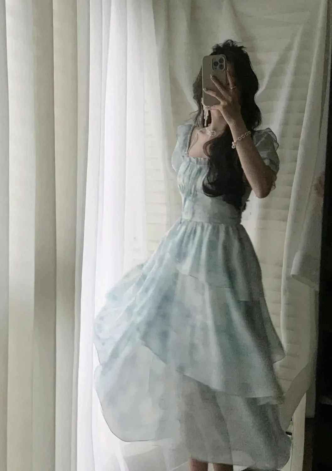 The Giverny Chiffon Gown | French Floral Empire Dress | Square Collar Fold-Detail Midi | Parisian Princess