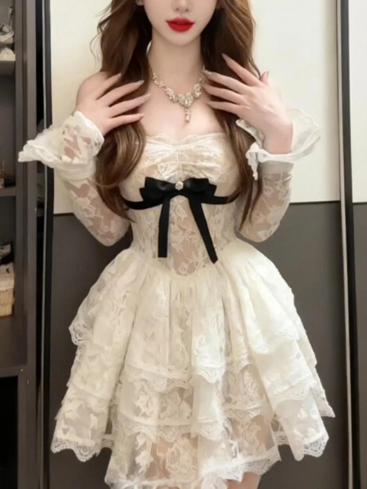 French Vintage Elegant Lace Dress Women Off Shoulder Bow Long Sleeve Slim Fit Lolita Style Skirt Romantic Autumn Winter Clothing