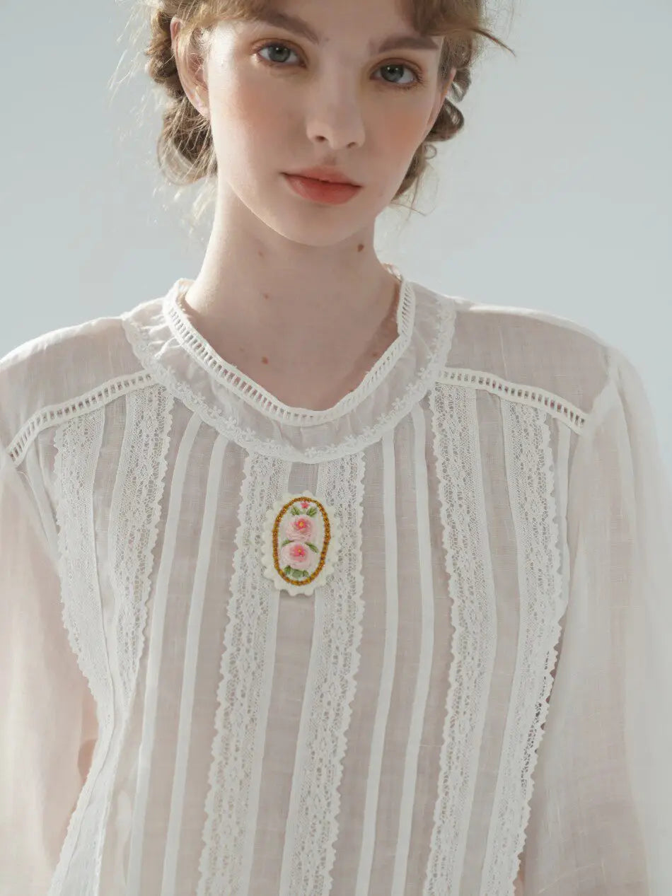 The Palais Rose Ramie Blouse | 100% Ramie Thin White Blouse | French Vintage Handmade 3D Rose Embroidered O-Neck Loose Top | Parisian Princess