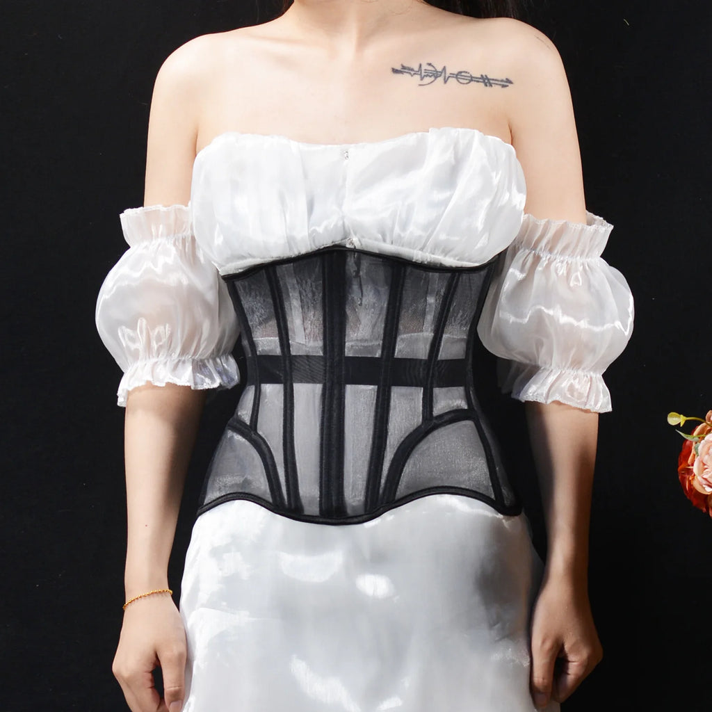 Women Abdomen Tight Corset Crops Under Bust Bustiers Breathable Mesh Waist Girdle With Bones Slimming Lace Up Bodices